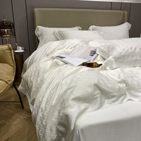 Thumbnail for Premium White Solid Color Jacquard Very Soft Cozy Silky Duvet Cover Set, 100% Tencel Bedding Set