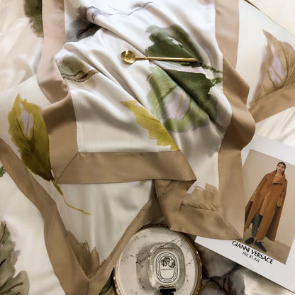 Brown Autumn Summer Leaves Pattern Silky Duvet Cover Set, 100% Tencel Bedding Set