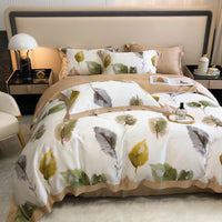 Thumbnail for Brown Autumn Summer Leaves Pattern Silky Duvet Cover Set, 100% Tencel Bedding Set