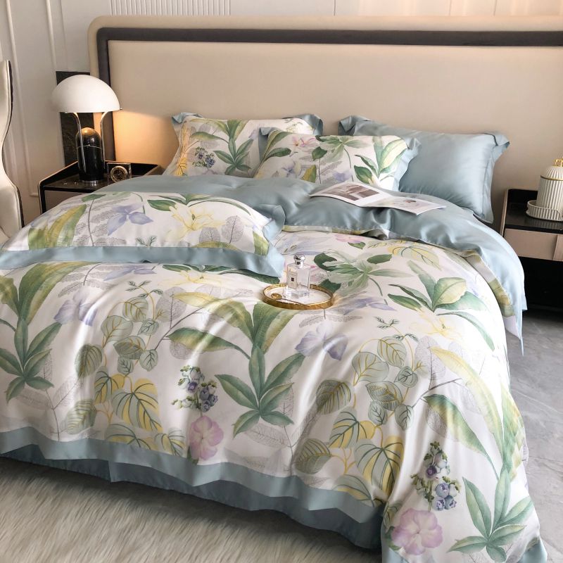 Tropical Nature Leaf Pattern Silky Flower Duvet Cover Set, 100% Tencel Bedding Set