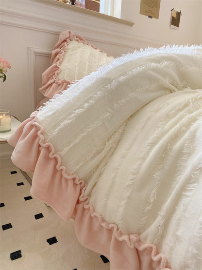 Pink White Super Soft Princess Tassel Ruffles Duvet Cover Set, Fleece Fabric Bedding Set