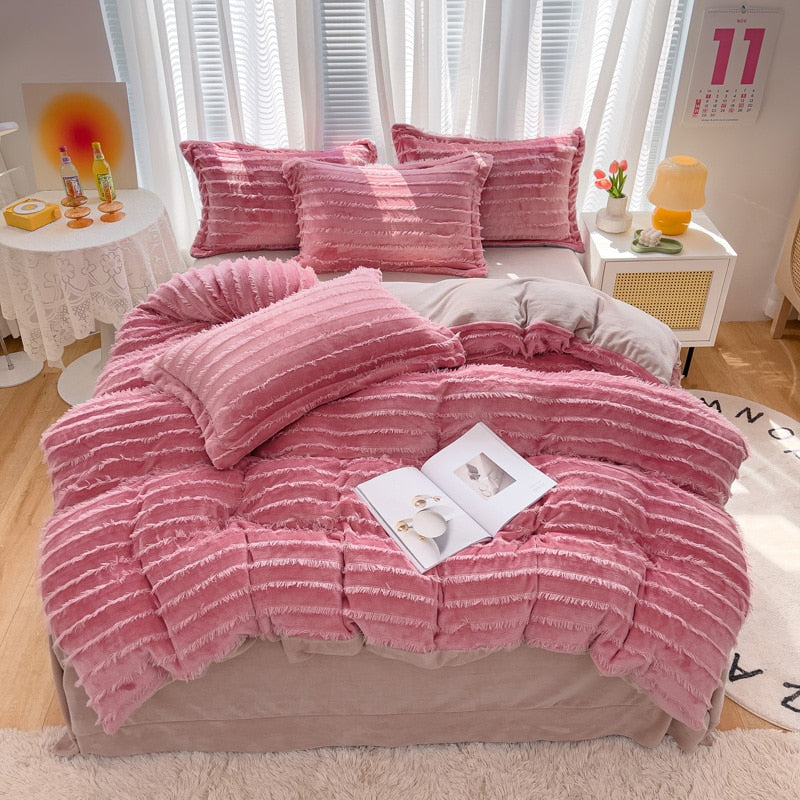 Pink Grey Super Soft Princess Autumn Winter Tassel Flannel Duvet Cover Set , Crystal Velvet Bedding Set