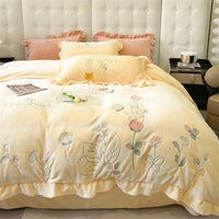 Thumbnail for Premium Flowers Leaf Soft Embroidered Warm Short Plush Duvet Cover Set, Velvet Fleece Bedding Set
