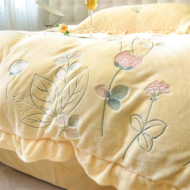 Premium Flowers Leaf Soft Embroidered Warm Short Plush Duvet Cover Set, Velvet Fleece Bedding Set