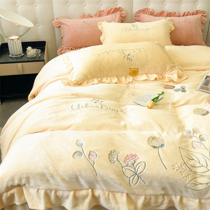 Premium Flowers Leaf Soft Embroidered Warm Short Plush Duvet Cover Set, Velvet Fleece Bedding Set