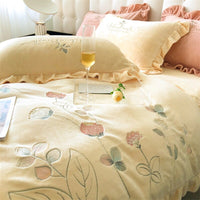 Thumbnail for Premium Flowers Leaf Soft Embroidered Warm Short Plush Duvet Cover Set, Velvet Fleece Bedding Set
