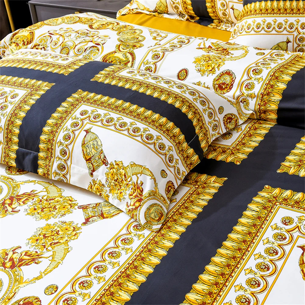 Gold Black Luxury European Baroque Linens Wedding Duvet Cover Set, 1200TC Egyptian Cotton Bedding Set