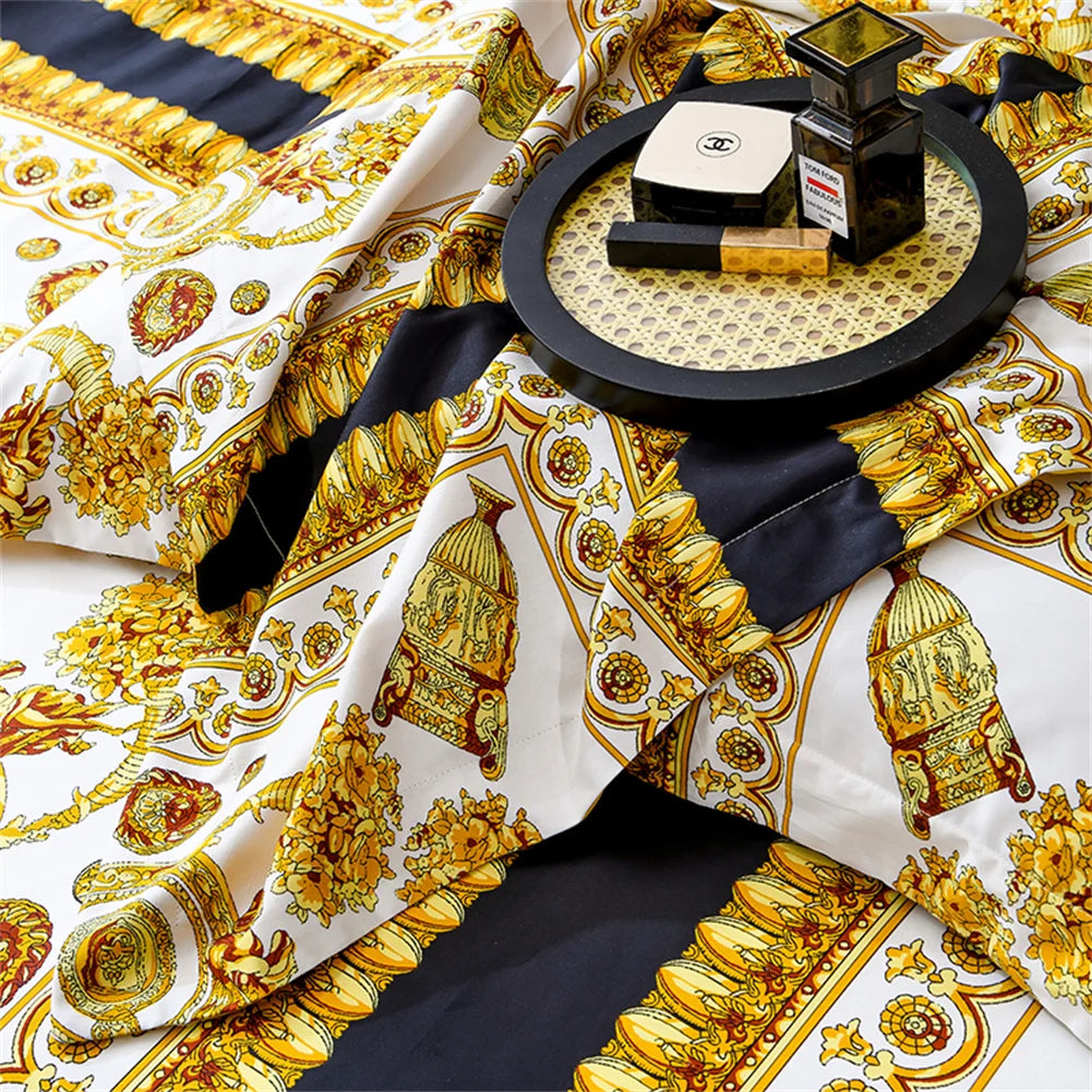 Gold Black Luxury European Baroque Linens Wedding Duvet Cover Set, 1200TC Egyptian Cotton Bedding Set