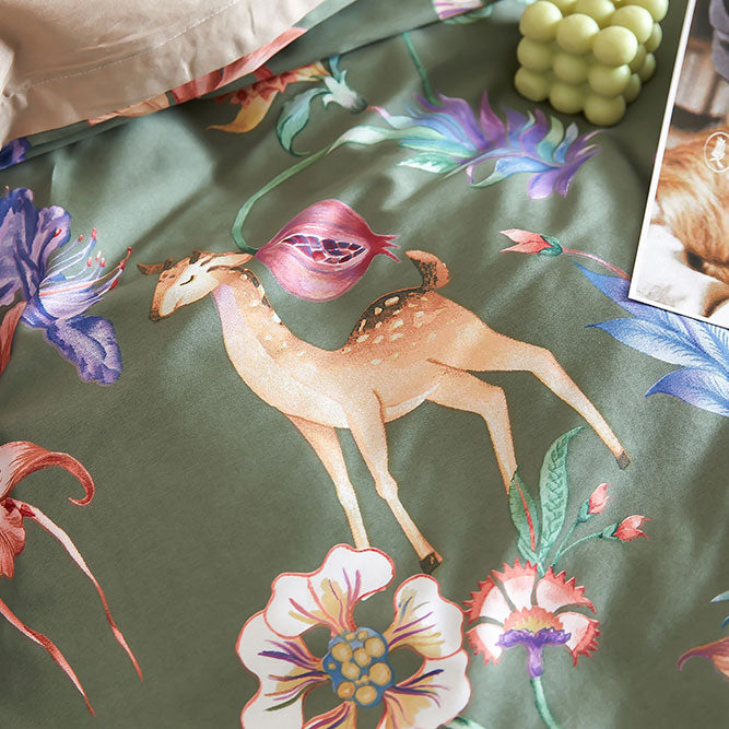 Floral Bohemian Art Print Leaves Duvet Cover Set, 600TC Egyptian Cotton Bedding Set