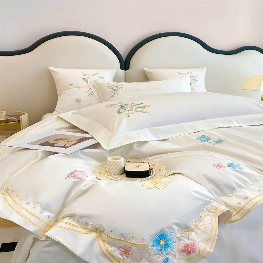 White Pink Garden Flower Butterfly Egyptian Cotton Satin Embroidery Duvet Cover Bedding Set