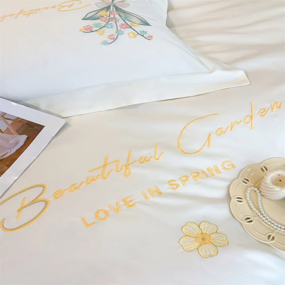 White Pink Garden Flower Butterfly Egyptian Cotton Satin Embroidery Duvet Cover Bedding Set