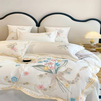 White Pink Garden Flower Butterfly Egyptian Cotton Satin Embroidery Duvet Cover Bedding Set