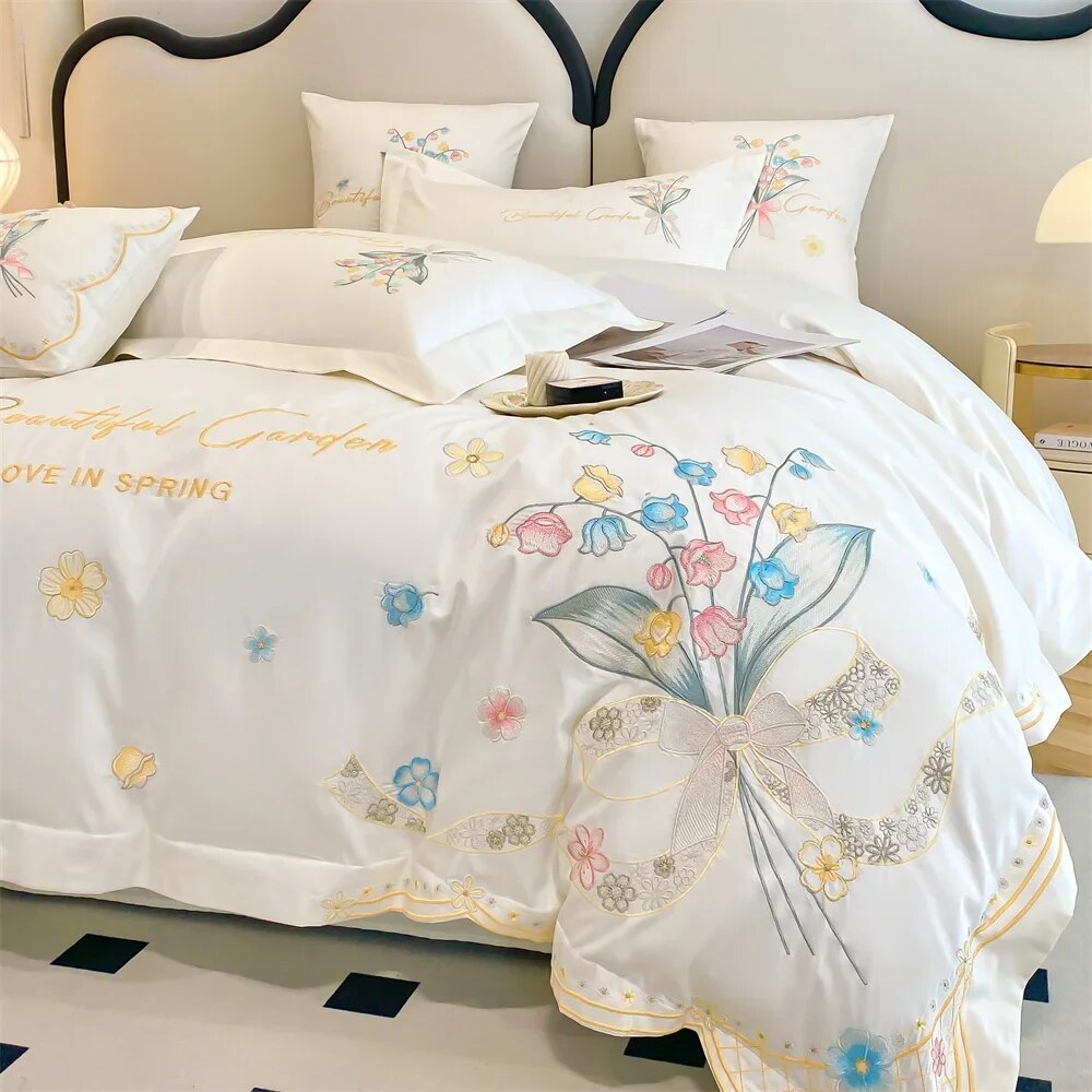 White Pink Garden Flower Butterfly Egyptian Cotton Satin Embroidery Duvet Cover Bedding Set