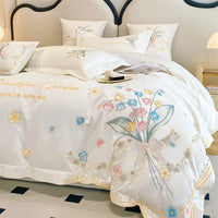 Thumbnail for White Pink Garden Flower Butterfly Egyptian Cotton Satin Embroidery Duvet Cover Bedding Set