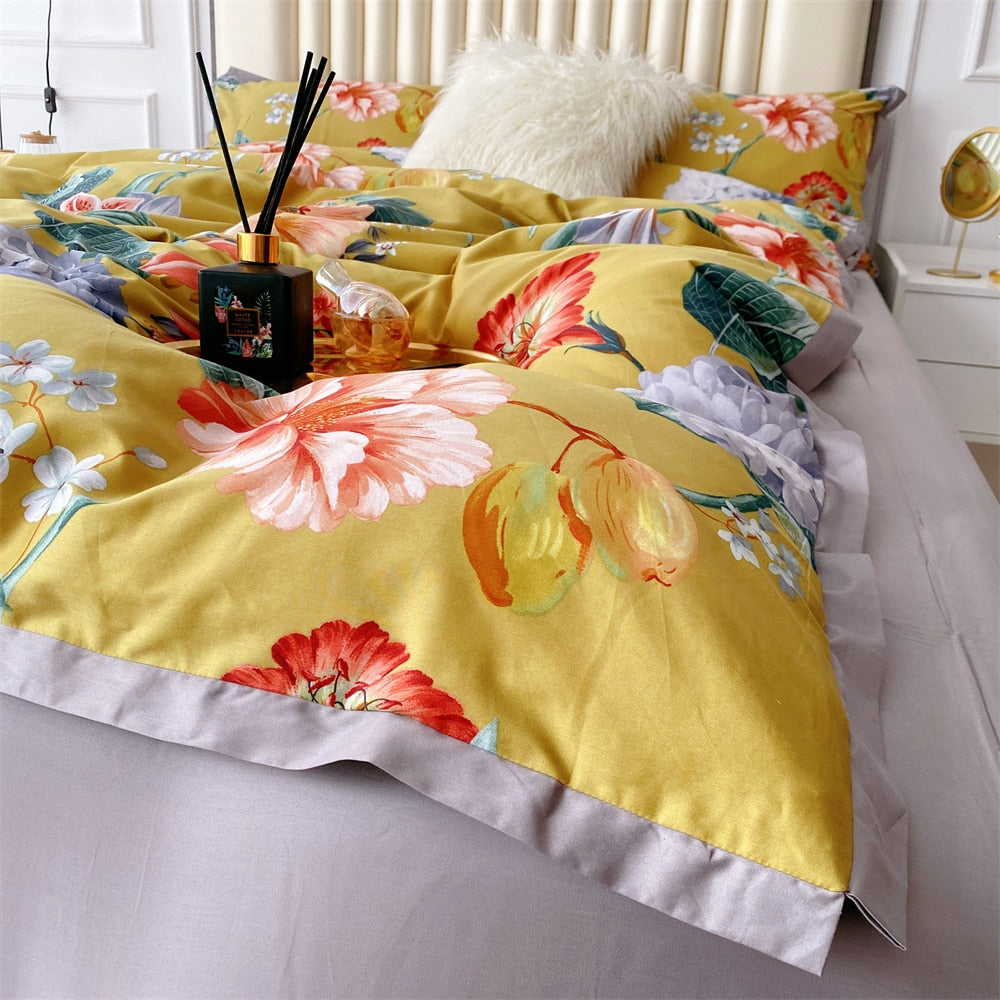 Yellow Purple Botanical Geometric Luxury Satin Garden Flower Egyptian Cotton 600TC Bedding Set