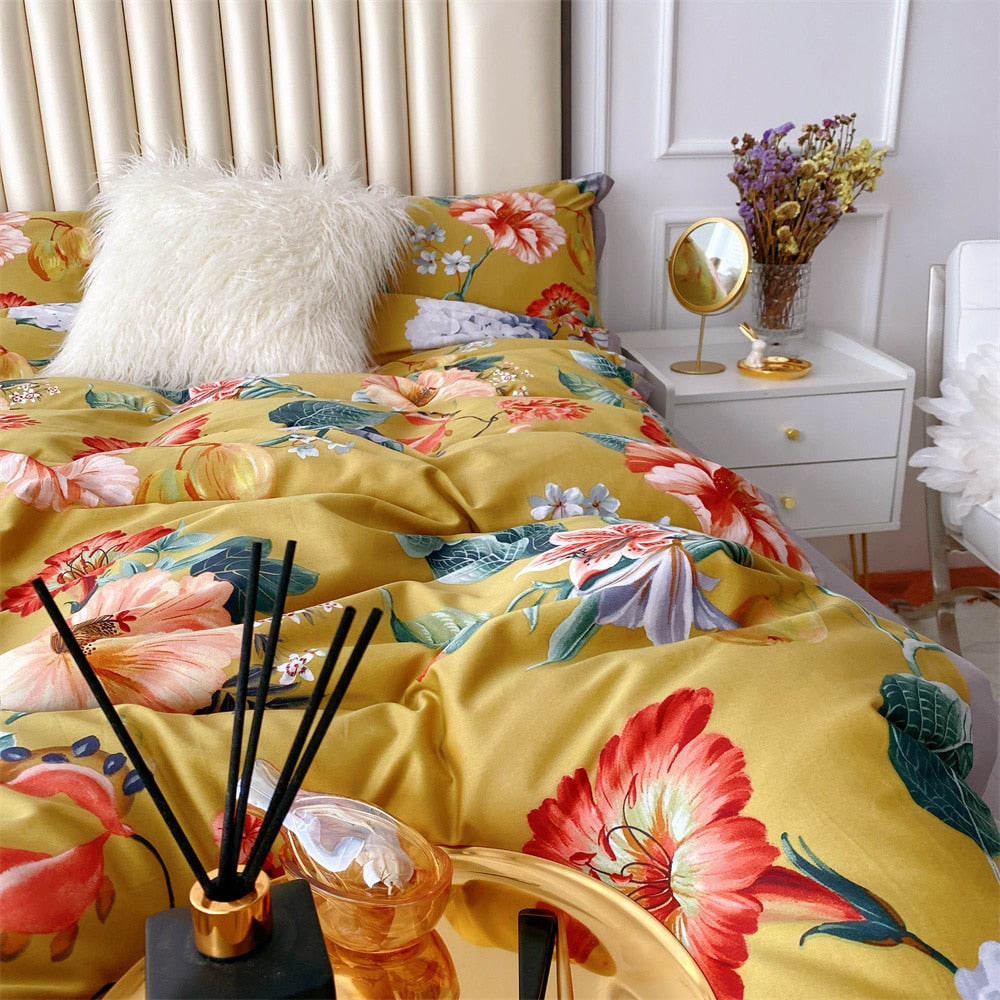 Yellow Purple Botanical Geometric Luxury Satin Garden Flower Egyptian Cotton 600TC Bedding Set