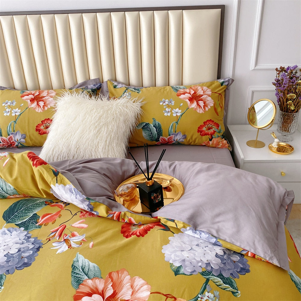 Yellow Purple Botanical Geometric Luxury Satin Garden Flower Egyptian Cotton 600TC Bedding Set