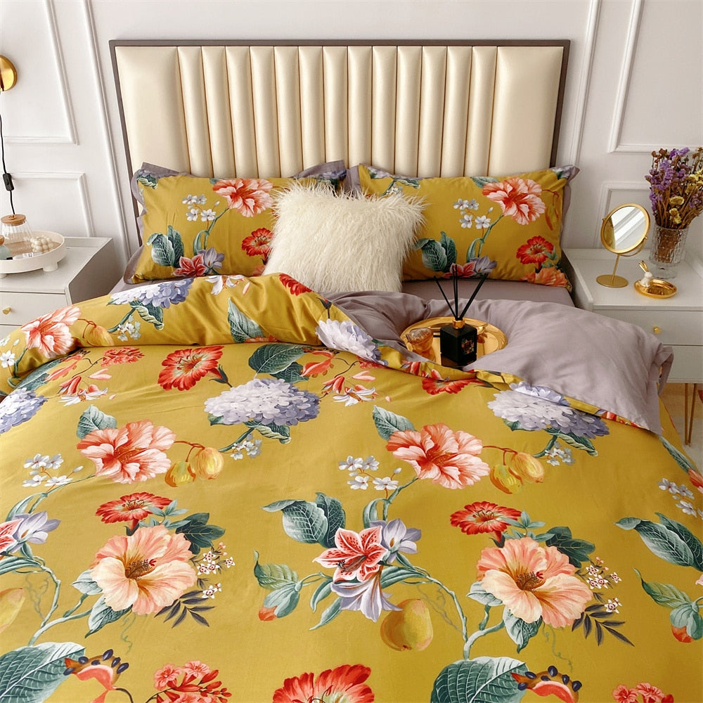 Yellow Purple Botanical Geometric Luxury Satin Garden Flower Egyptian Cotton 600TC Bedding Set