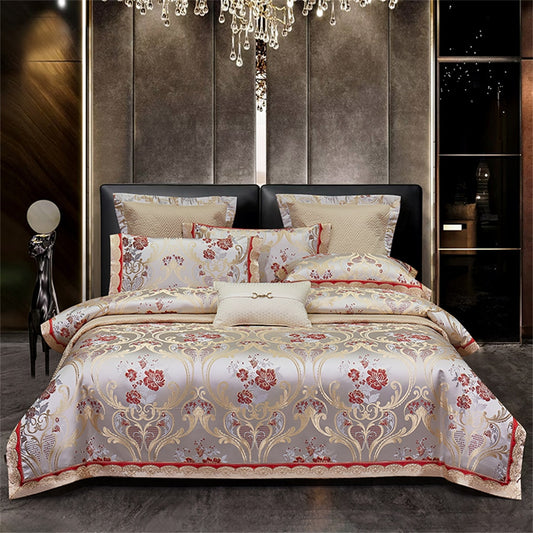 European Red Gold White Luxury Satin Egyptian Cotton Duvet Cover Jacquard Bedding Set