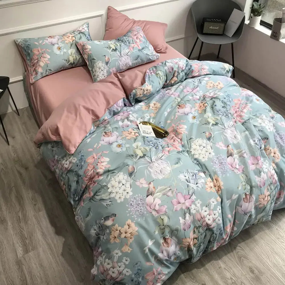 European Flowers Birds Satin Egyptian Cotton Cozy Bedding Set