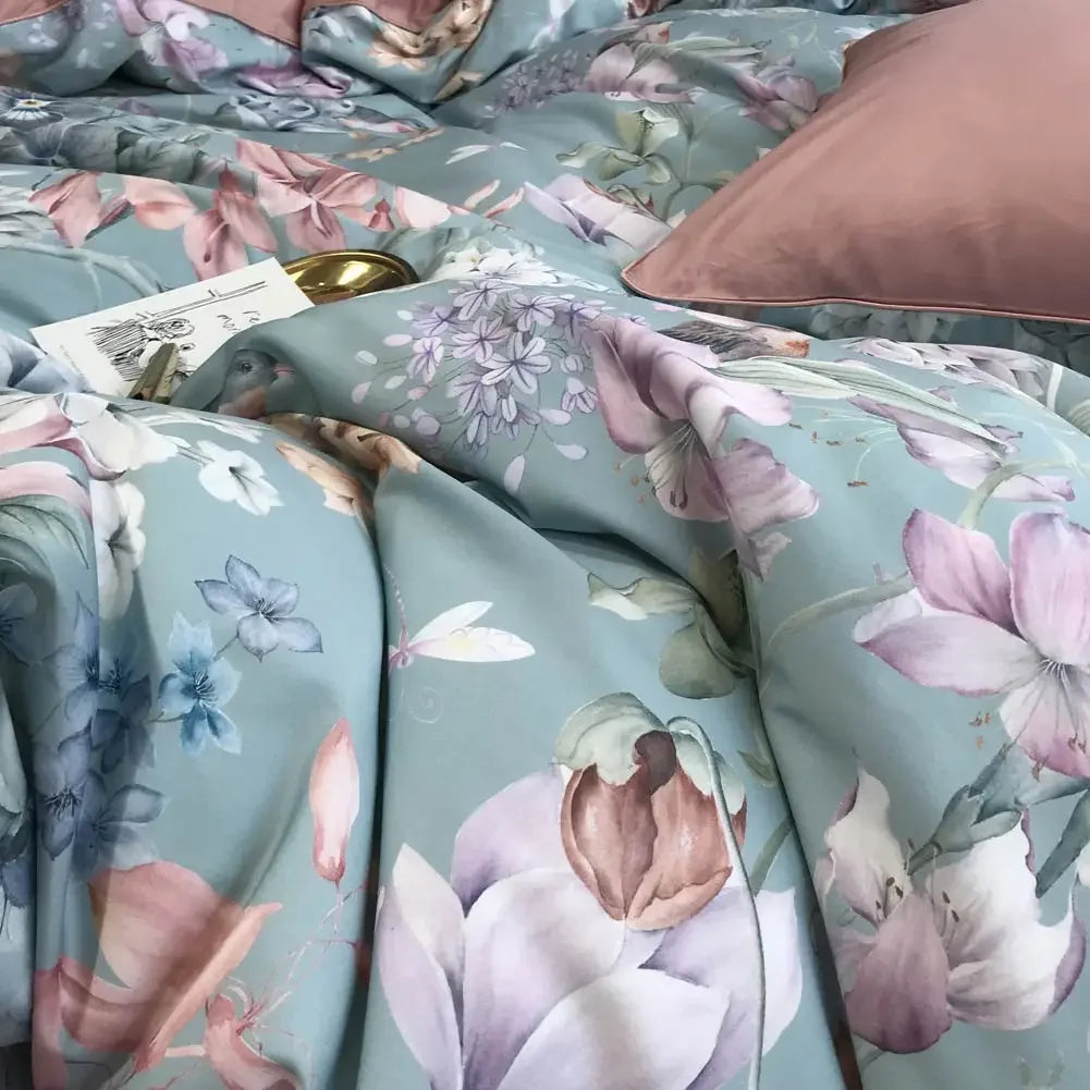 European Flowers Birds Satin Egyptian Cotton Cozy Bedding Set