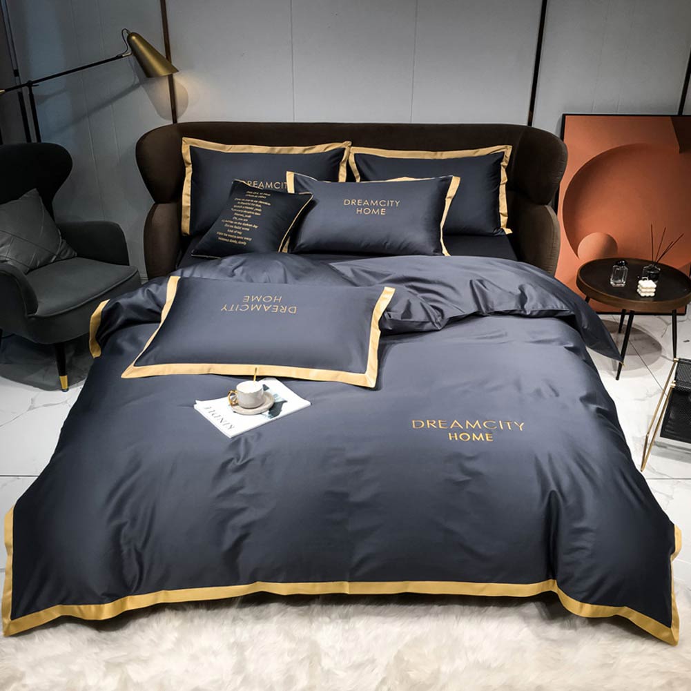 Nordic Dark Grey Gold Long Striped Dream Duvet Cover set, 100% Cotton Bedding Set