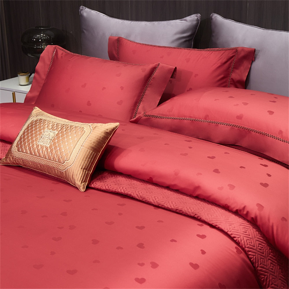 Nordic Red Grey Egyptian Cotton Satin Jacquard Embroidered Wedding Duvet Cover Bedding Set