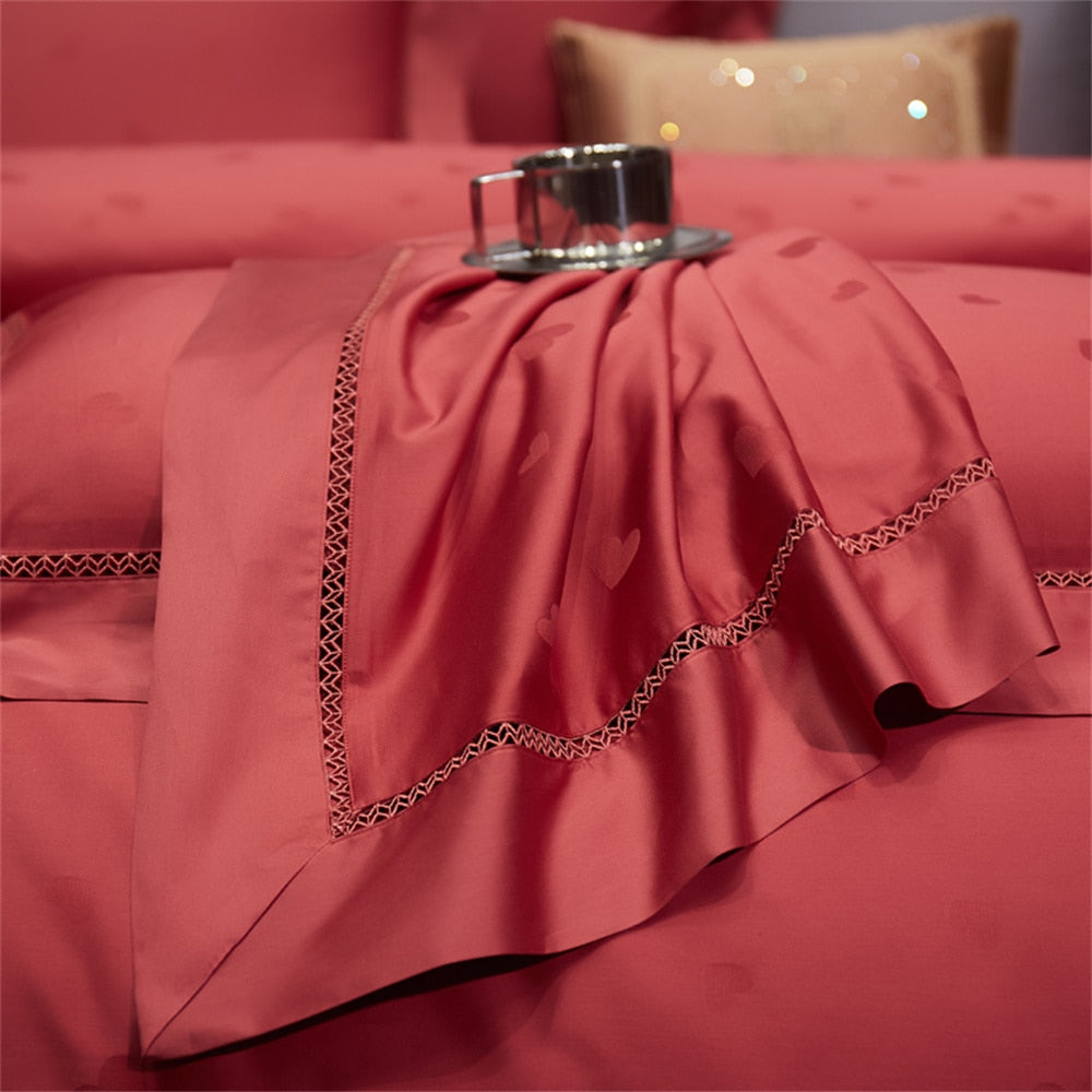 Nordic Red Grey Egyptian Cotton Satin Jacquard Embroidered Wedding Duvet Cover Bedding Set