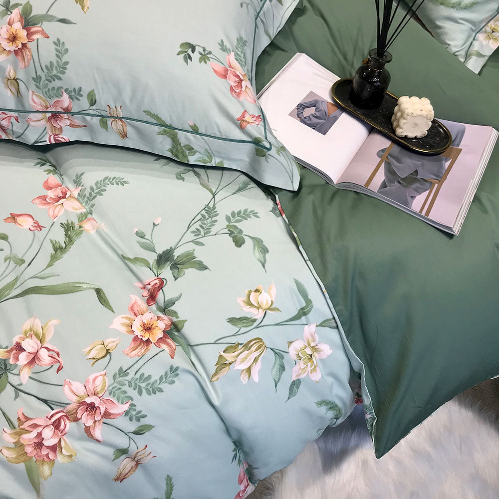 Floral in the Garden Pastoral Leaves Floral Duvet Cover Set, 600TC Egyptian Cotton Bedding Set