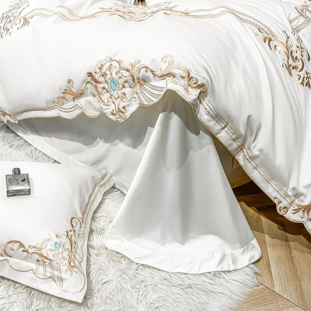 Gold White Royal Baroque Egyptian Cotton Satin Embroidery Duvet Cover Bedding Set