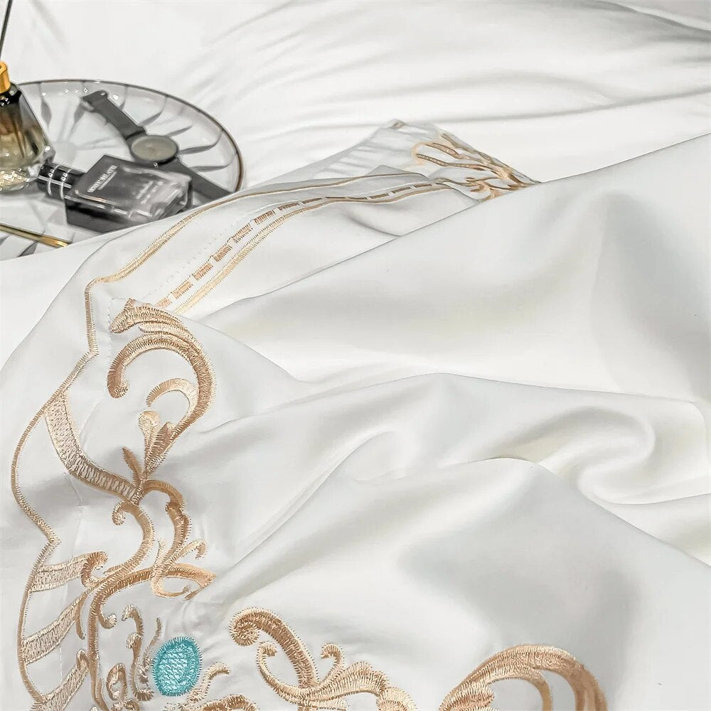 Gold White Royal Baroque Egyptian Cotton Satin Embroidery Duvet Cover Bedding Set