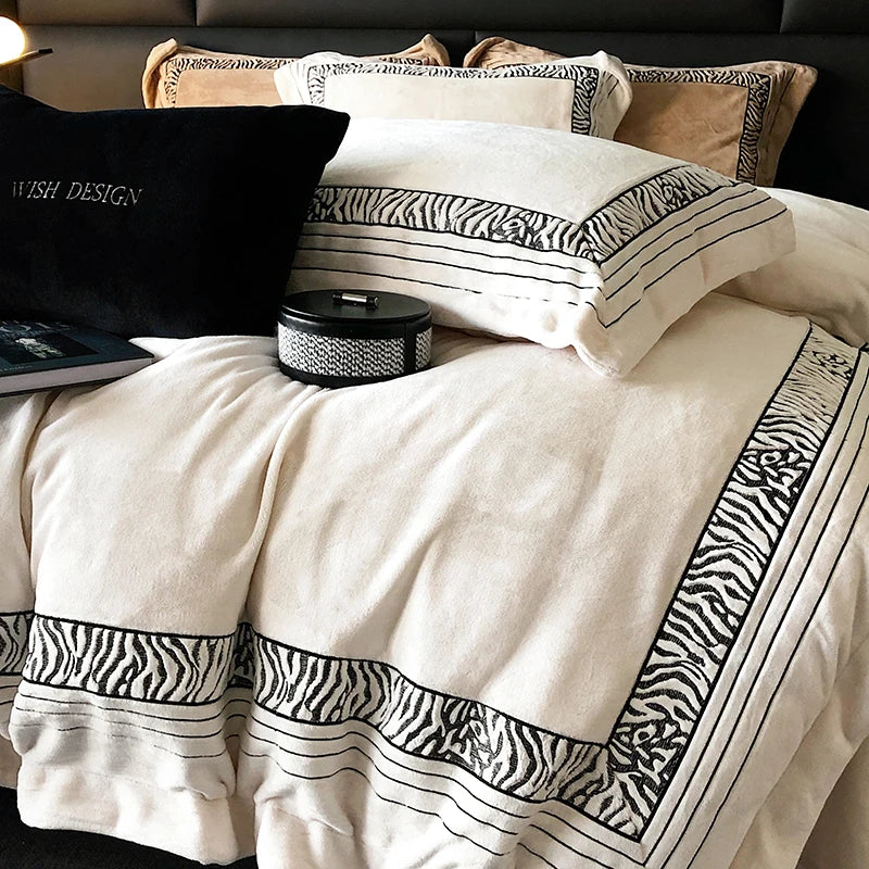 Zebra Print Long Striped Thick Warmth Velvet Fleece Embroidery Duvet Cover Bedding Set