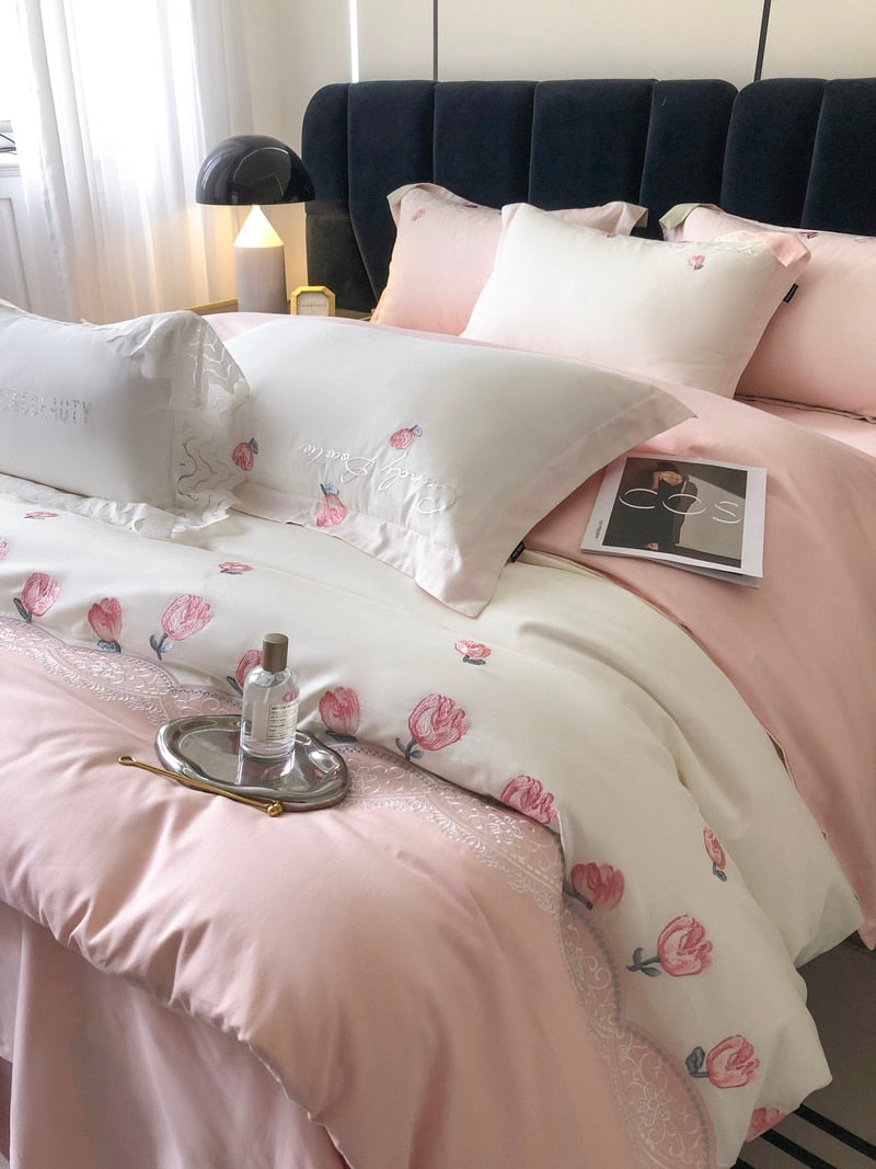 Pink Rose Tulip Flower Pattern Europe Duvet Cover Set, Cotton 100% Bedding Set
