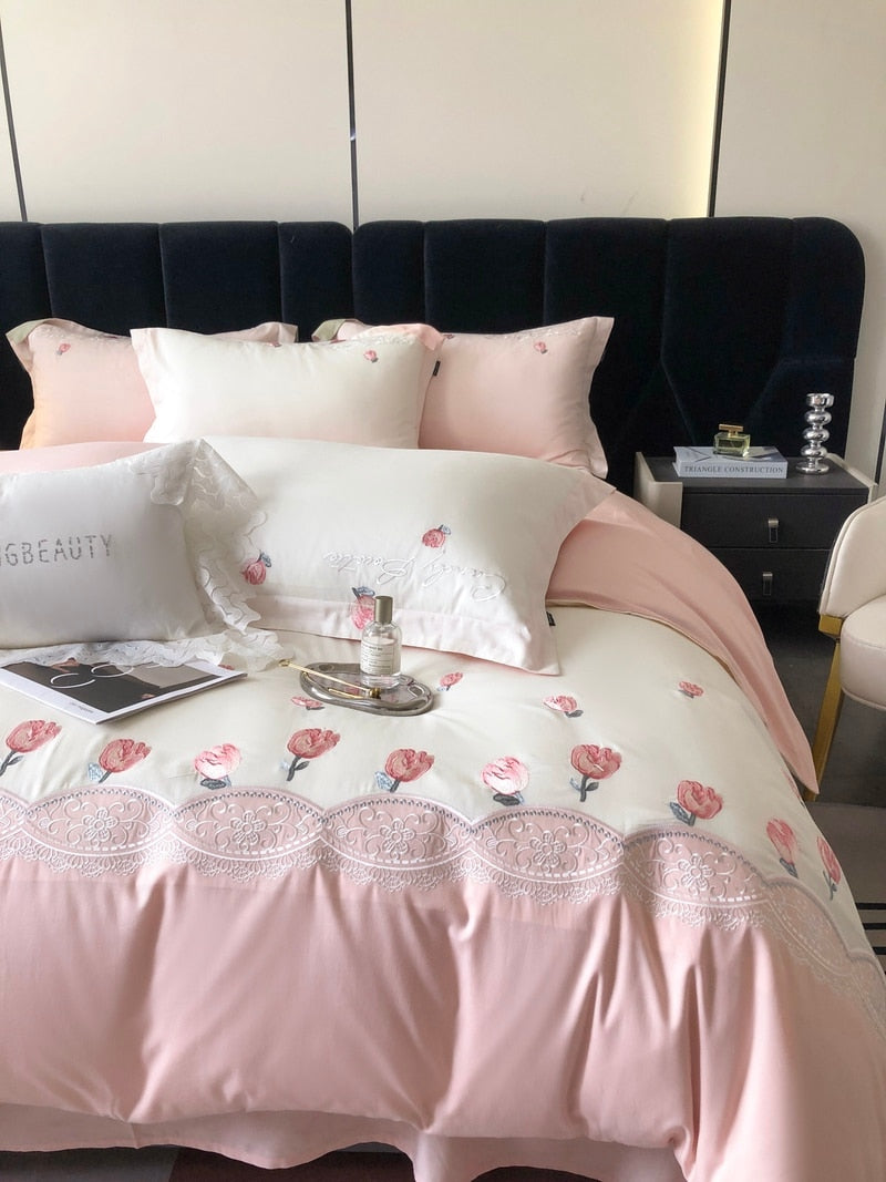 Pink Rose Tulip Flower Pattern Europe Duvet Cover Set, Cotton 100% Bedding Set