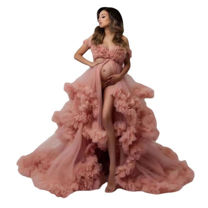 Premium Tulle Maternity Dress Robes for Photoshoot V-Neck Long Sheer