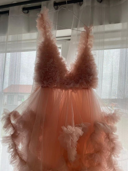Premium Tulle Maternity Dress Robes for Photoshoot V-Neck Long Sheer