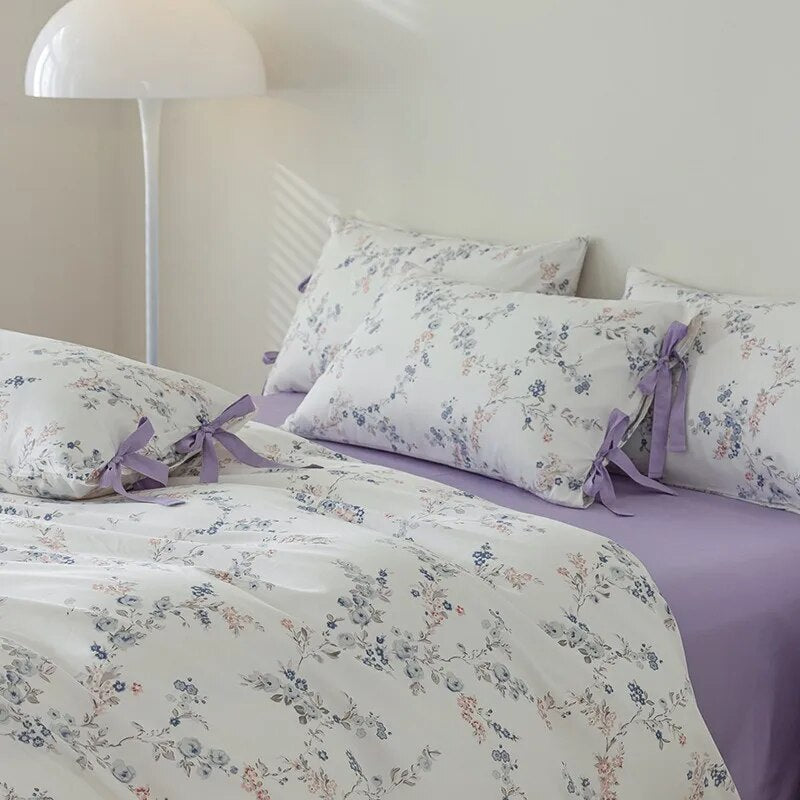Purple White Flower Vintage Family Europe Girls Duvet Cover Sets Farmhouse Cotton 600TC Bedding Set
