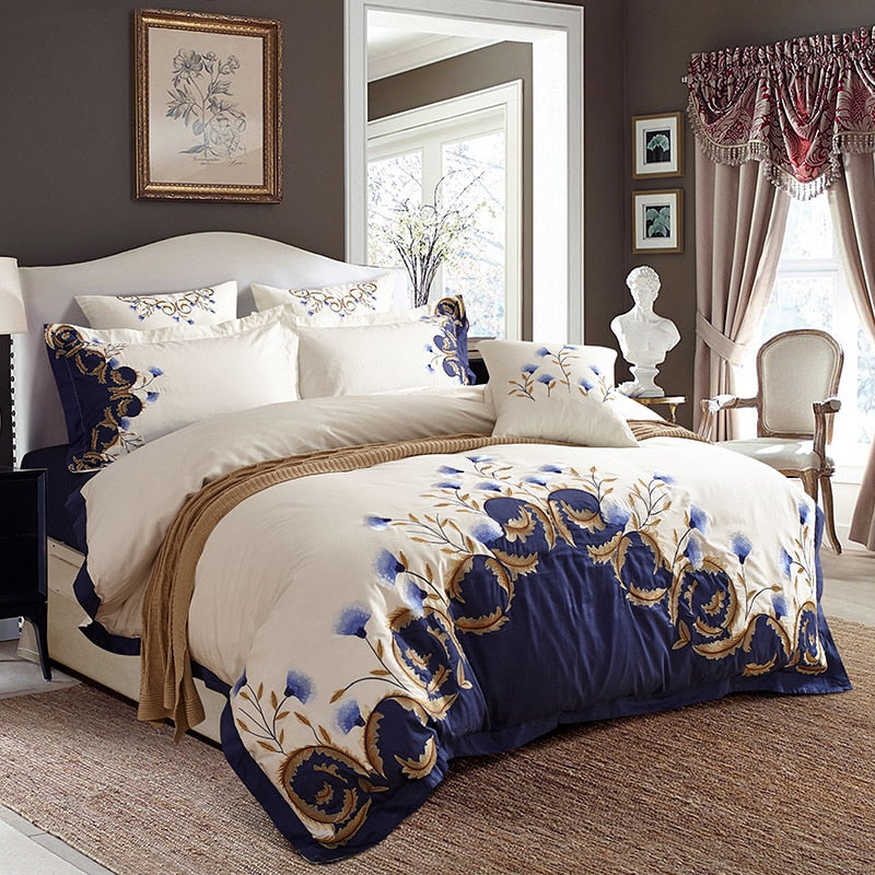 Luxury White Navy Blue Nature Flower Europe Embroidered Duvet Cover, 600TC Egyptian Cotton Bedding Set