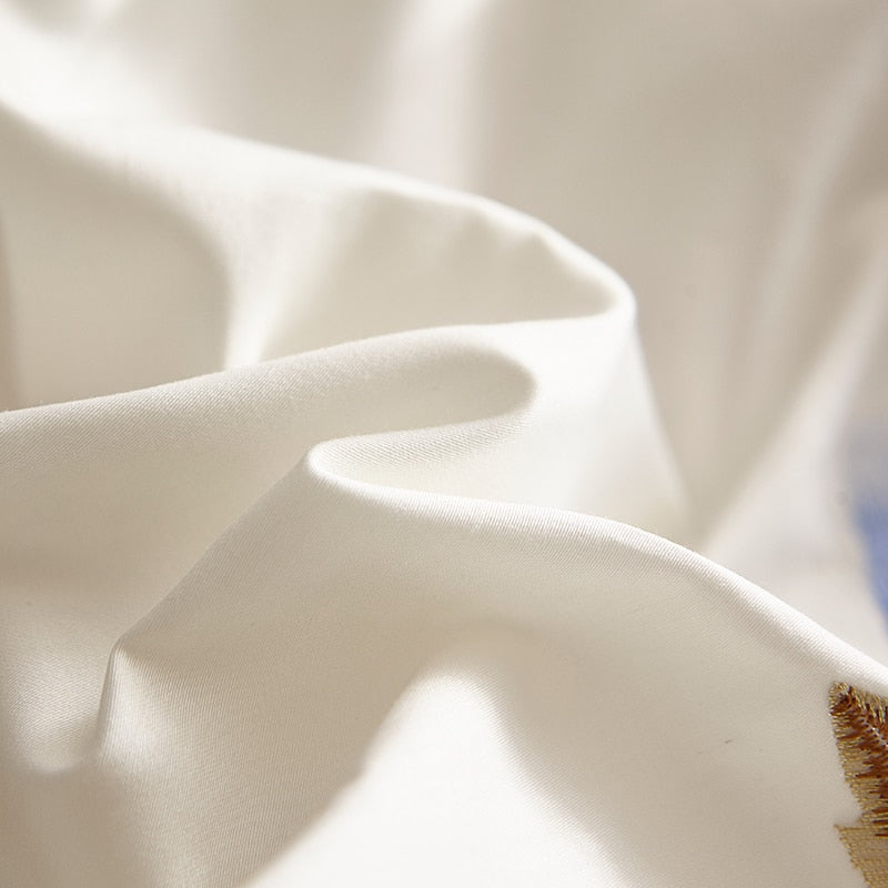 Luxury White Navy Blue Nature Flower Europe Embroidered Duvet Cover, 600TC Egyptian Cotton Bedding Set