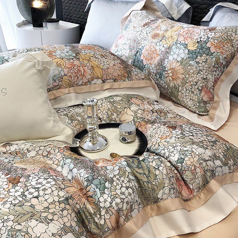 Vintage Green Brown Flower American Printing Silky Duvet Cover Set, Egyptian Cotton 1000TC Bedding Set