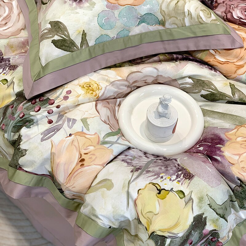 Purple Rose Vintage American Flowers Pattern Soft Duvet Cover Set, Egyptian Cotton 1000TC Bedding Set