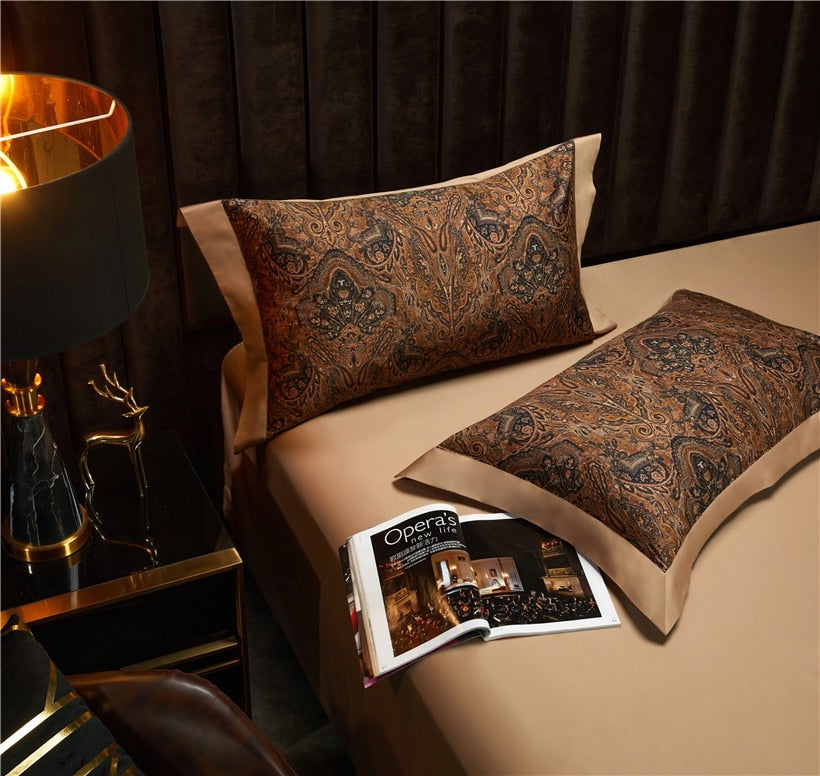 Luxury Brown Gold Boho Baroque Duvet Cover Set, 1000TC Egyptian Cotton Bedding Set