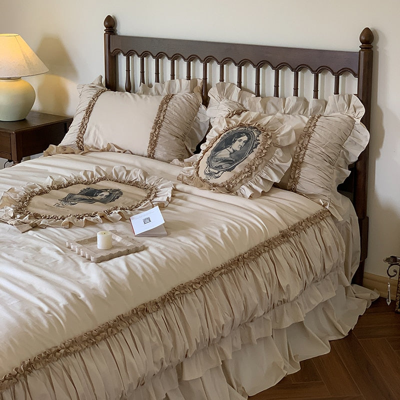 Beige Vintage French Baroque Cotton Lace Ruffles Patchwork Bed Skirt Duvet Cover Bedding Set