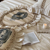 Thumbnail for Beige Vintage French Baroque Cotton Lace Ruffles Patchwork Bed Skirt Duvet Cover Bedding Set