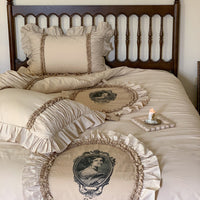 Thumbnail for Beige Vintage French Baroque Cotton Lace Ruffles Patchwork Bed Skirt Duvet Cover Bedding Set