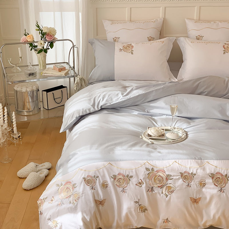 White Brown Vintage French Rose Embroidered Family Duvet Cover, 400TC Cotton Bedding Set