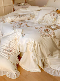 Thumbnail for Vintage French Baroque Rose Embroidery Wedding Lace Ruffles Duvet Cover, Egyptian Cotton 1000TC Bedding Set