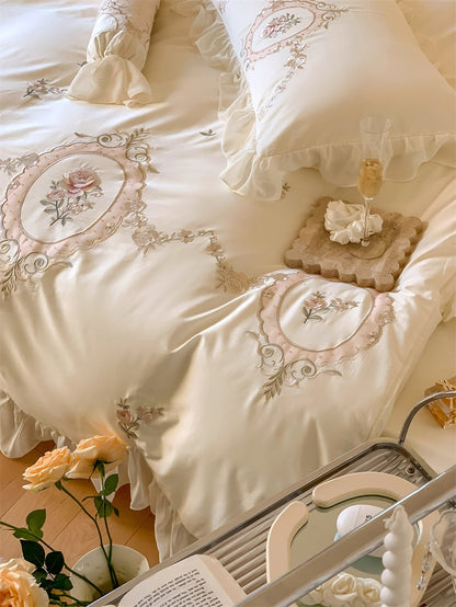 Vintage French Baroque Rose Embroidery Wedding Lace Ruffles Duvet Cover, Egyptian Cotton 1000TC Bedding Set