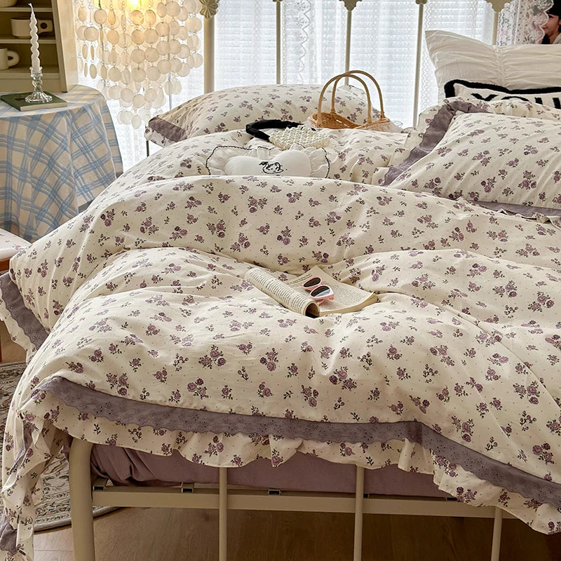 Small Floral Printed Pattern Vintage French Ruffles 100% Cotton Duvet Cover Bedding Set