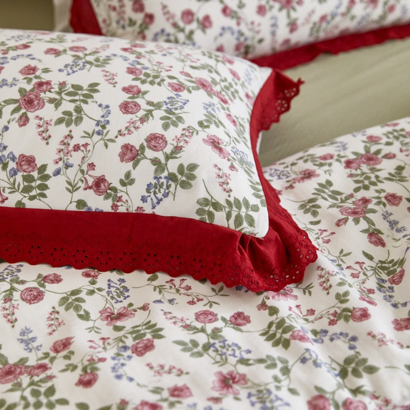 Vintage French Red Rose Lace Ruffles Princess Duvet Cover Set, 100% Cotton Bedding Set